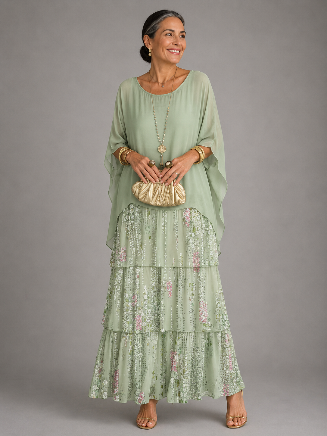 Round Neck Flutter Sleeve Tiered Chiffon Maxi Dress