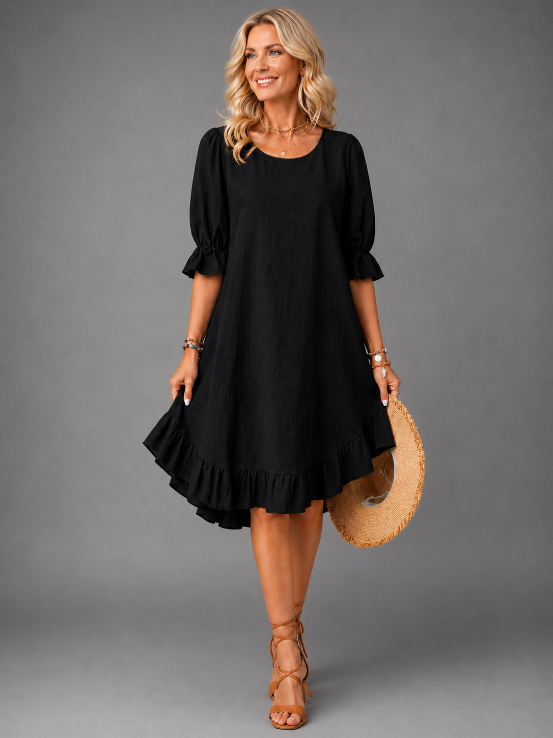 Round Neck Ruffle Sleeve Ruffle Hem A-Line Midi Dress