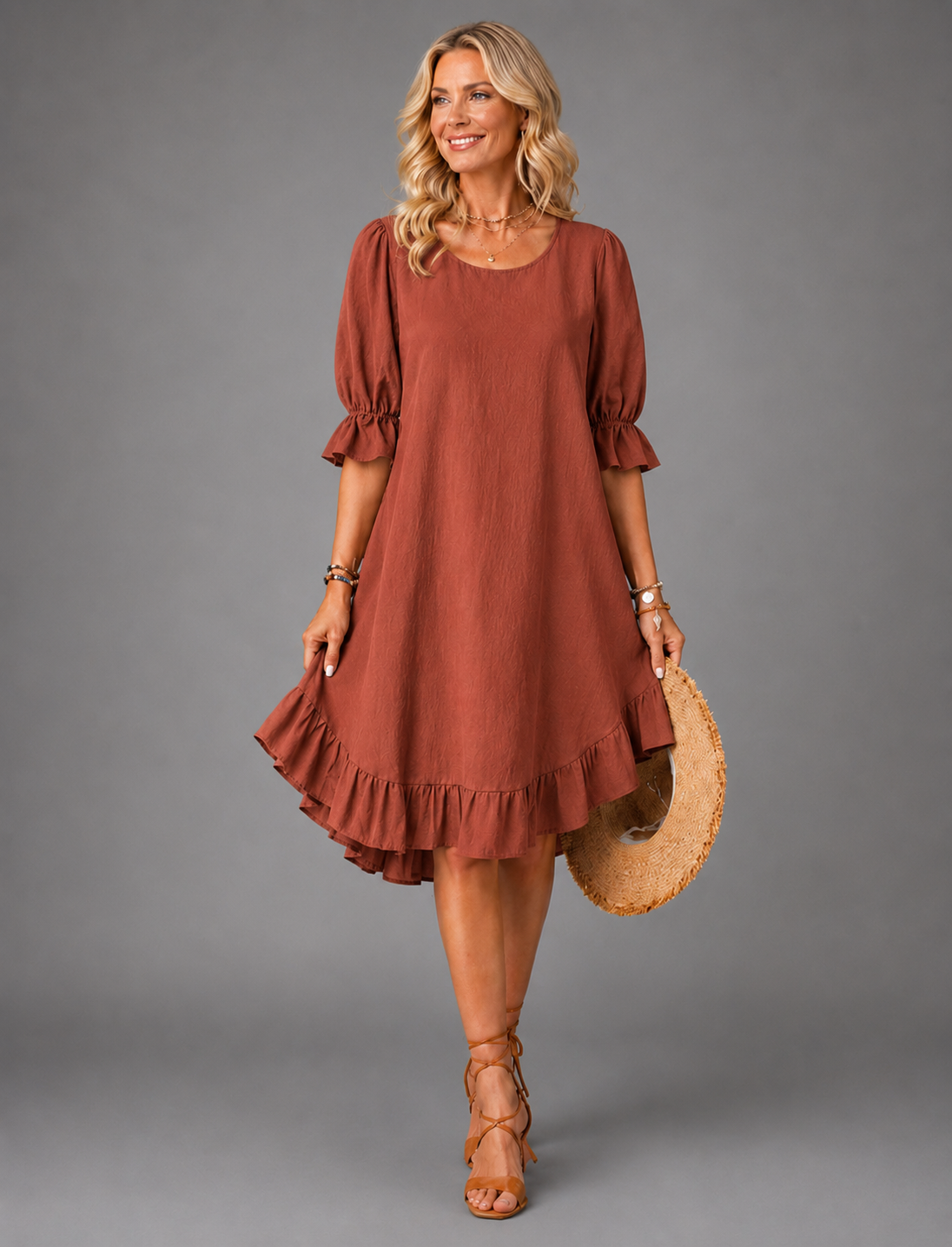Round Neck Ruffle Sleeve Ruffle Hem A-Line Midi Dress