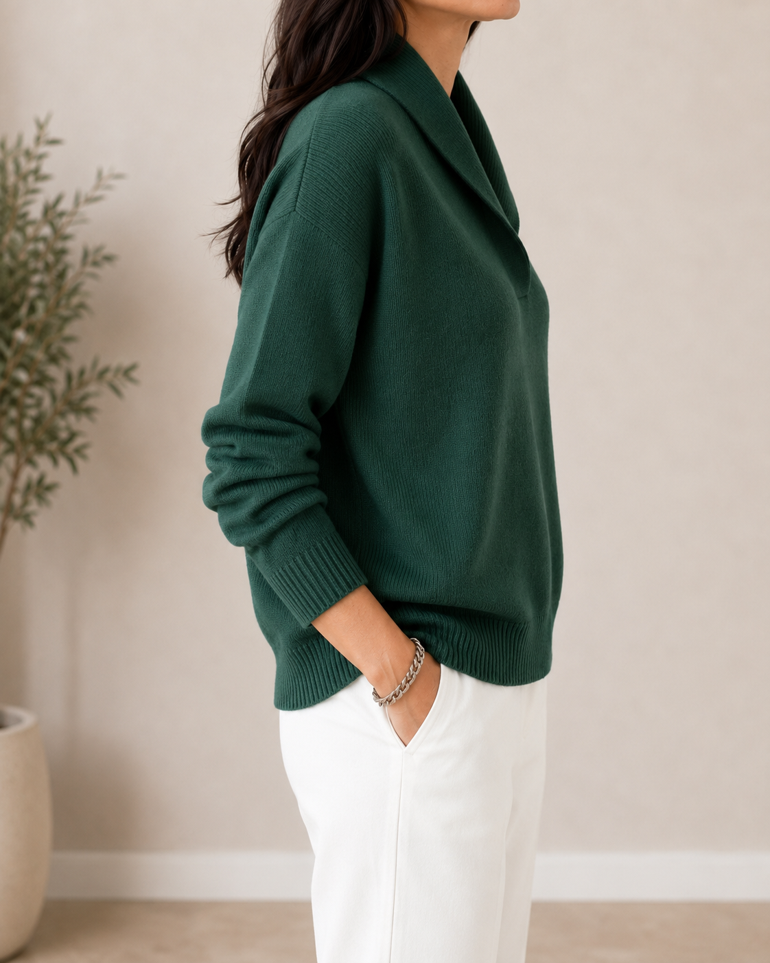 Shawl Collar V-Neck Long Sleeve Knit Sweater