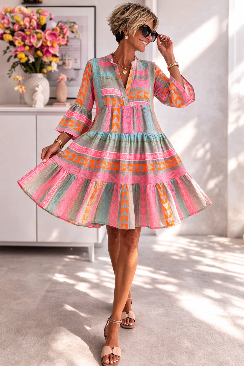 Geometric Print Split Neck Bell Sleeve Tiered Mini Dress Summer
