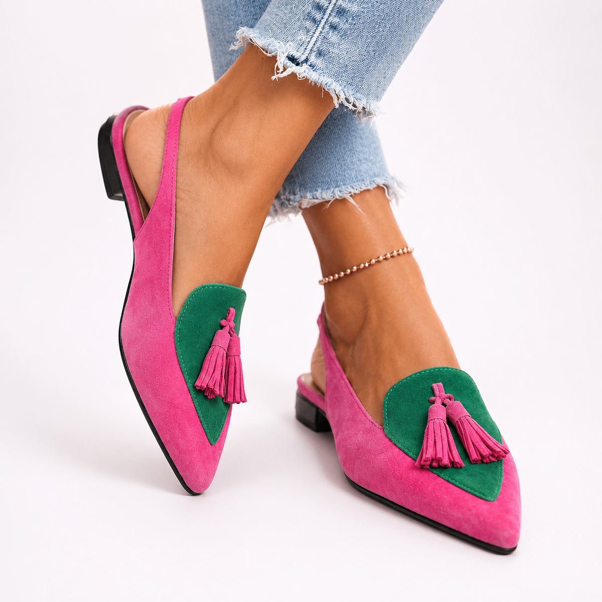 Pointed Toe Tassel Slingback Flats