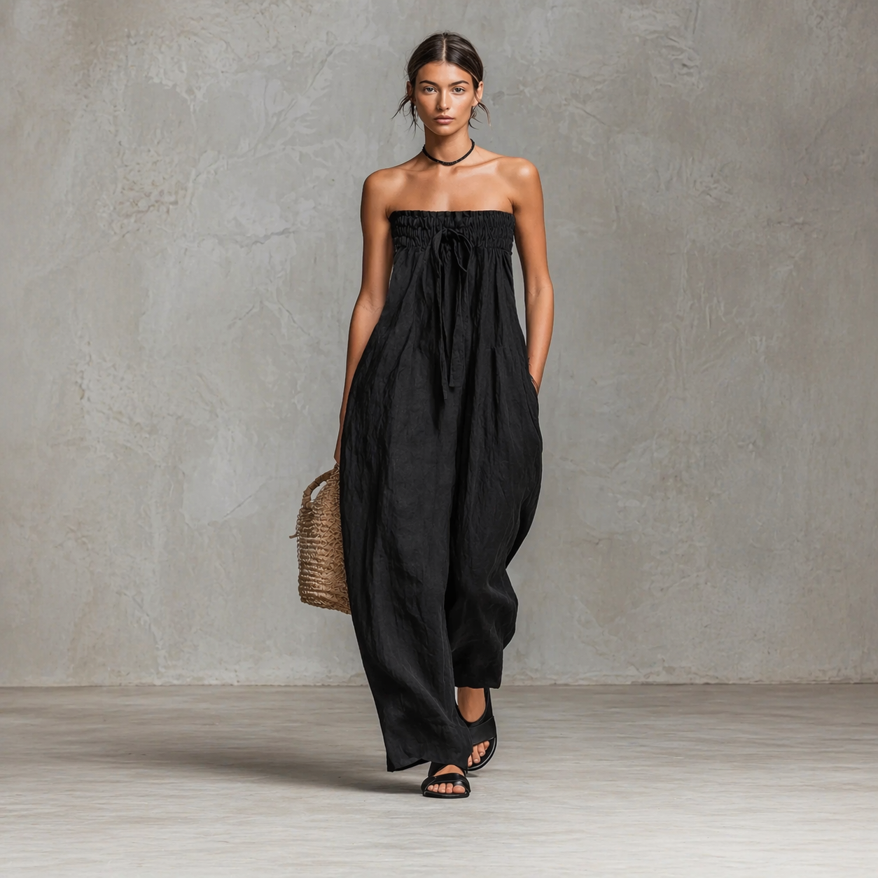 Strapless Smocked Drawstring Maxi Dress
