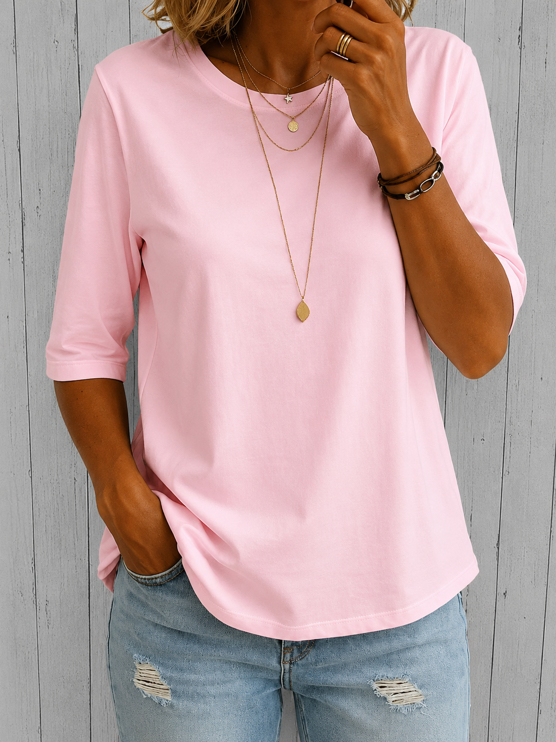 Crew Neck Half Sleeve Curved Hem Top