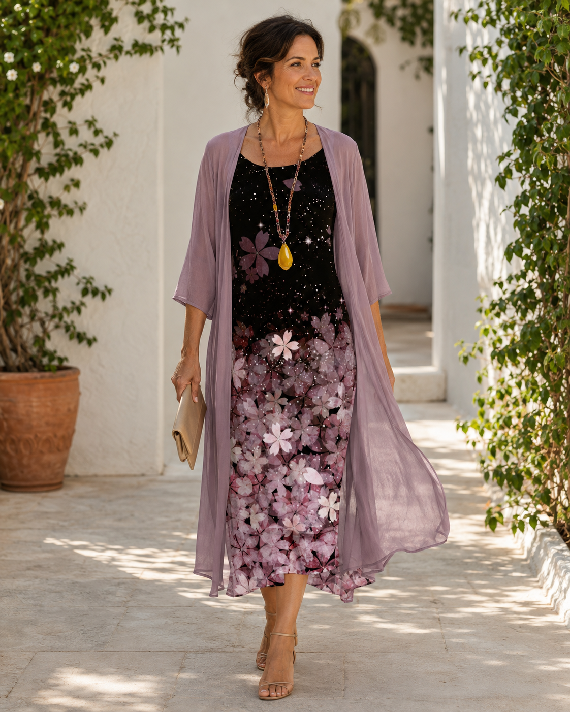 Floral Sleeveless Dress and Longline Chiffon Duster Two Piece Set 2
