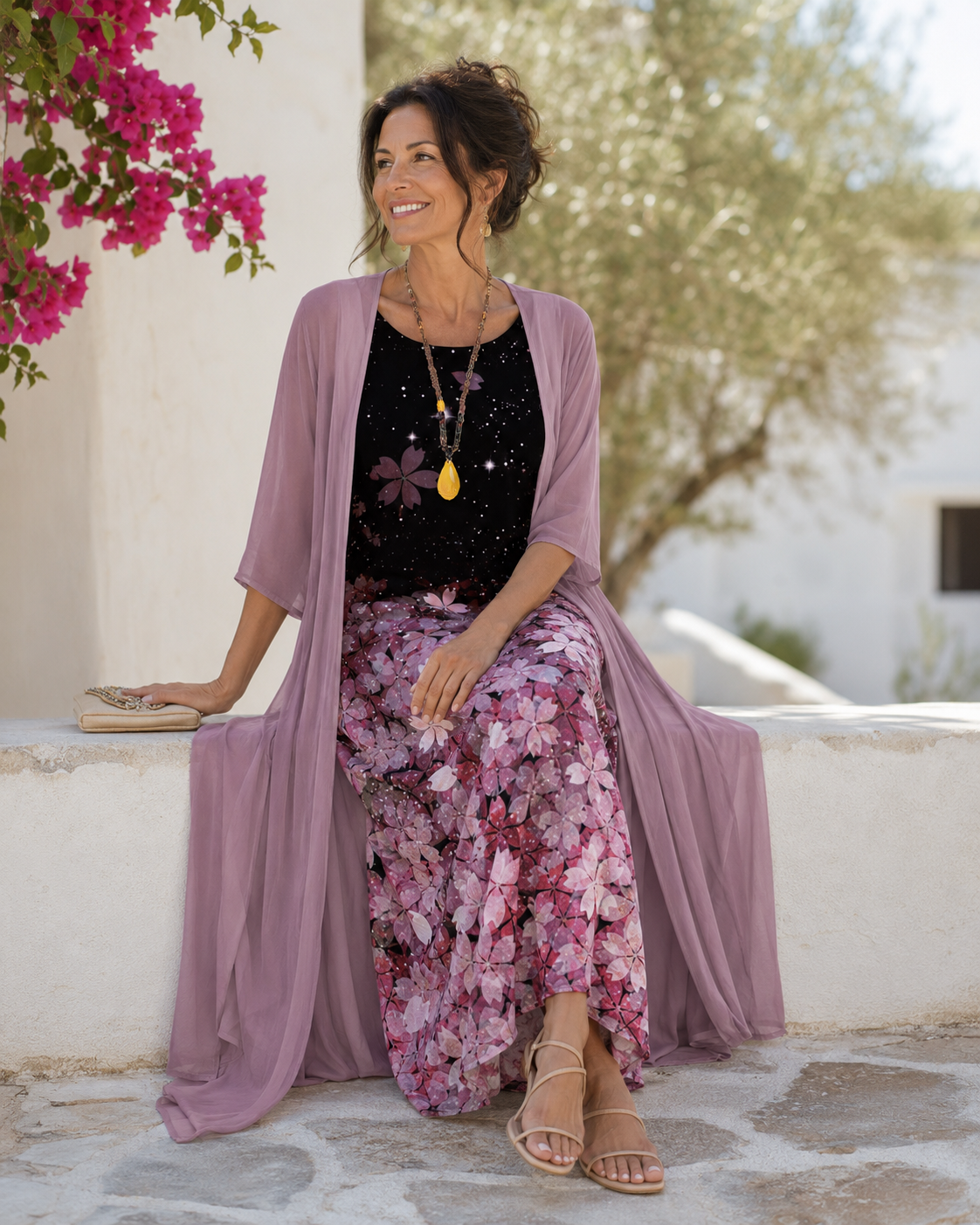 Floral Sleeveless Dress and Longline Chiffon Duster Two Piece Set 5