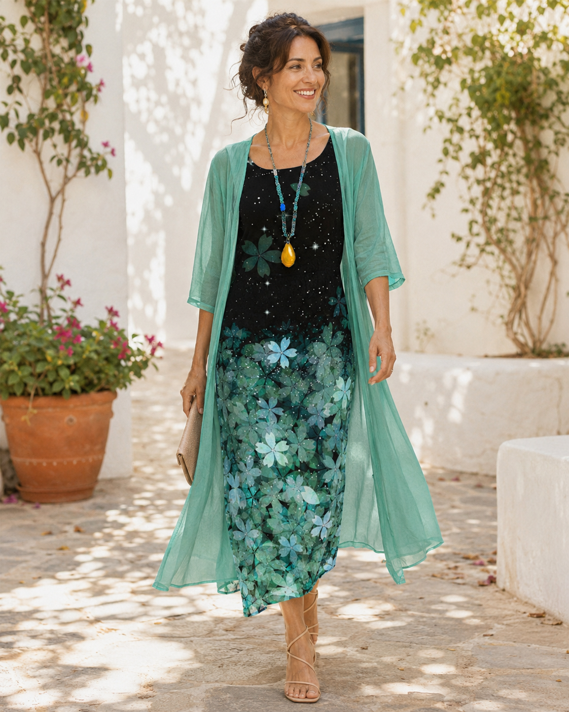 Floral Sleeveless Dress and Longline Chiffon Duster Two Piece Set 4