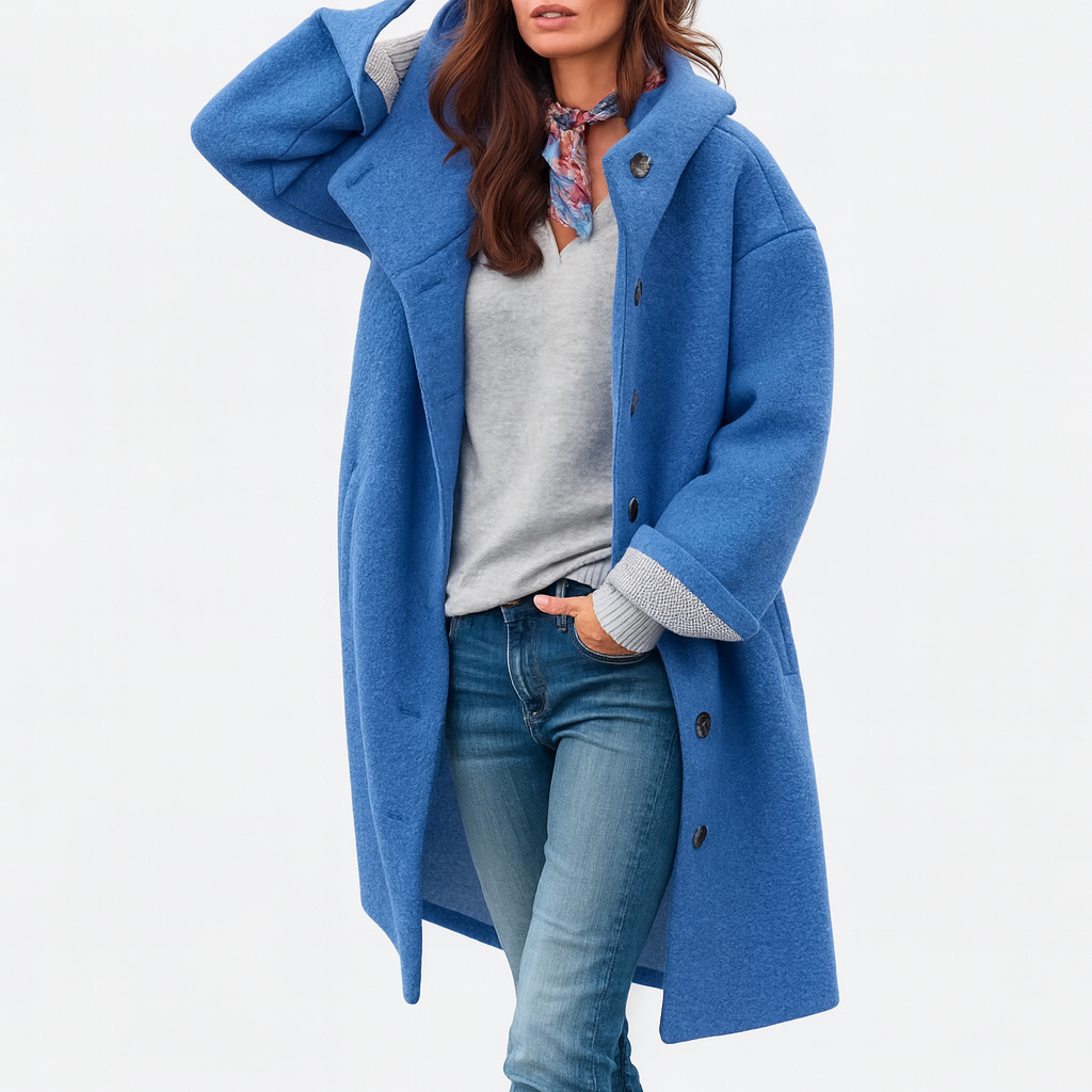 Hooded Button Front Longline Wool Look Coat