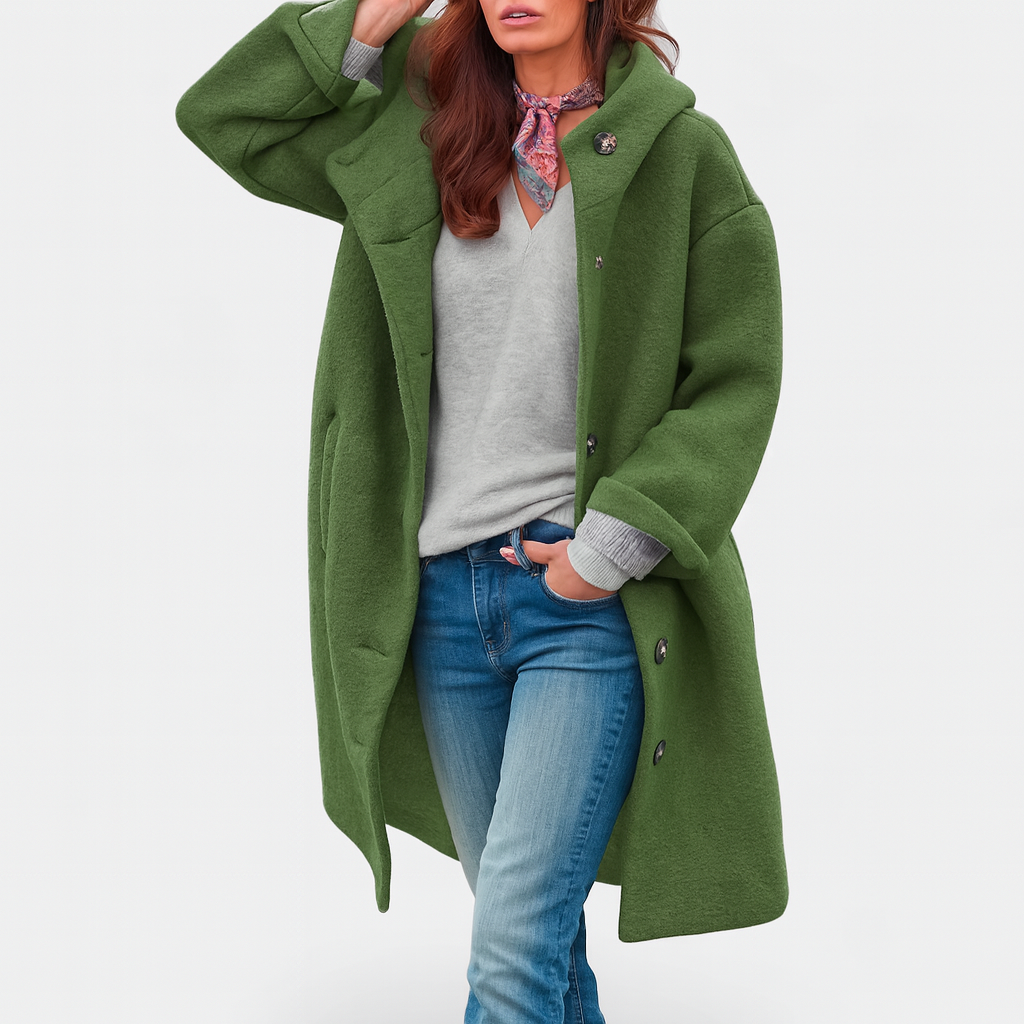 Hooded Button Front Longline Wool Look Coat