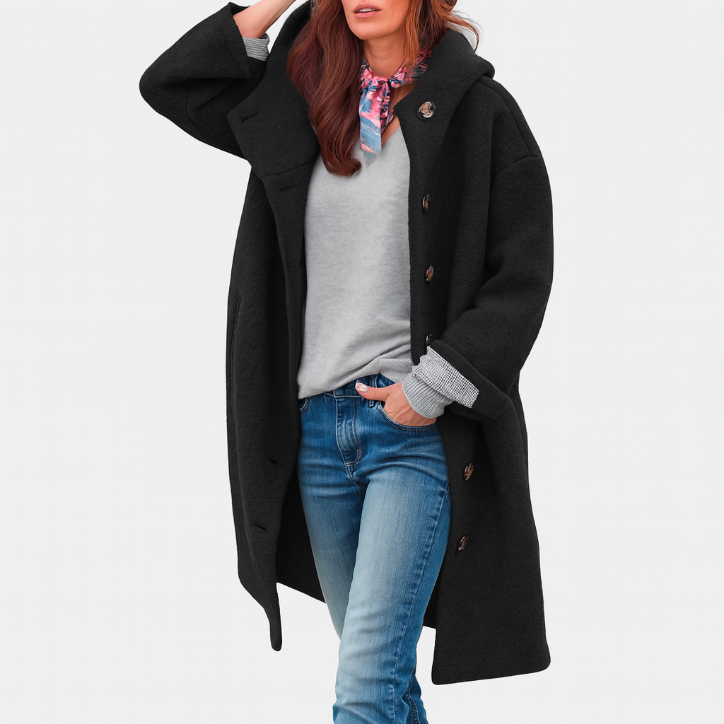 Hooded Button Front Longline Wool Look Coat