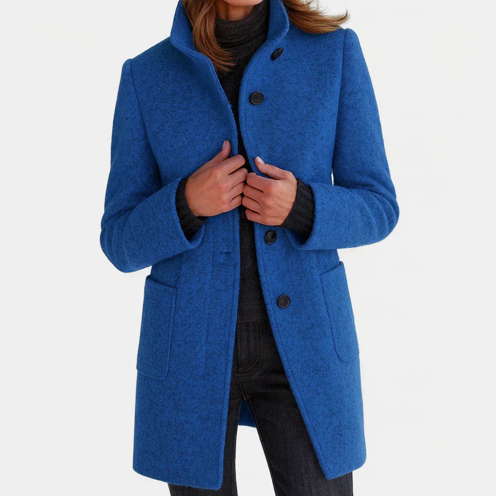Stand Collar Button Front Wool Blend Coat