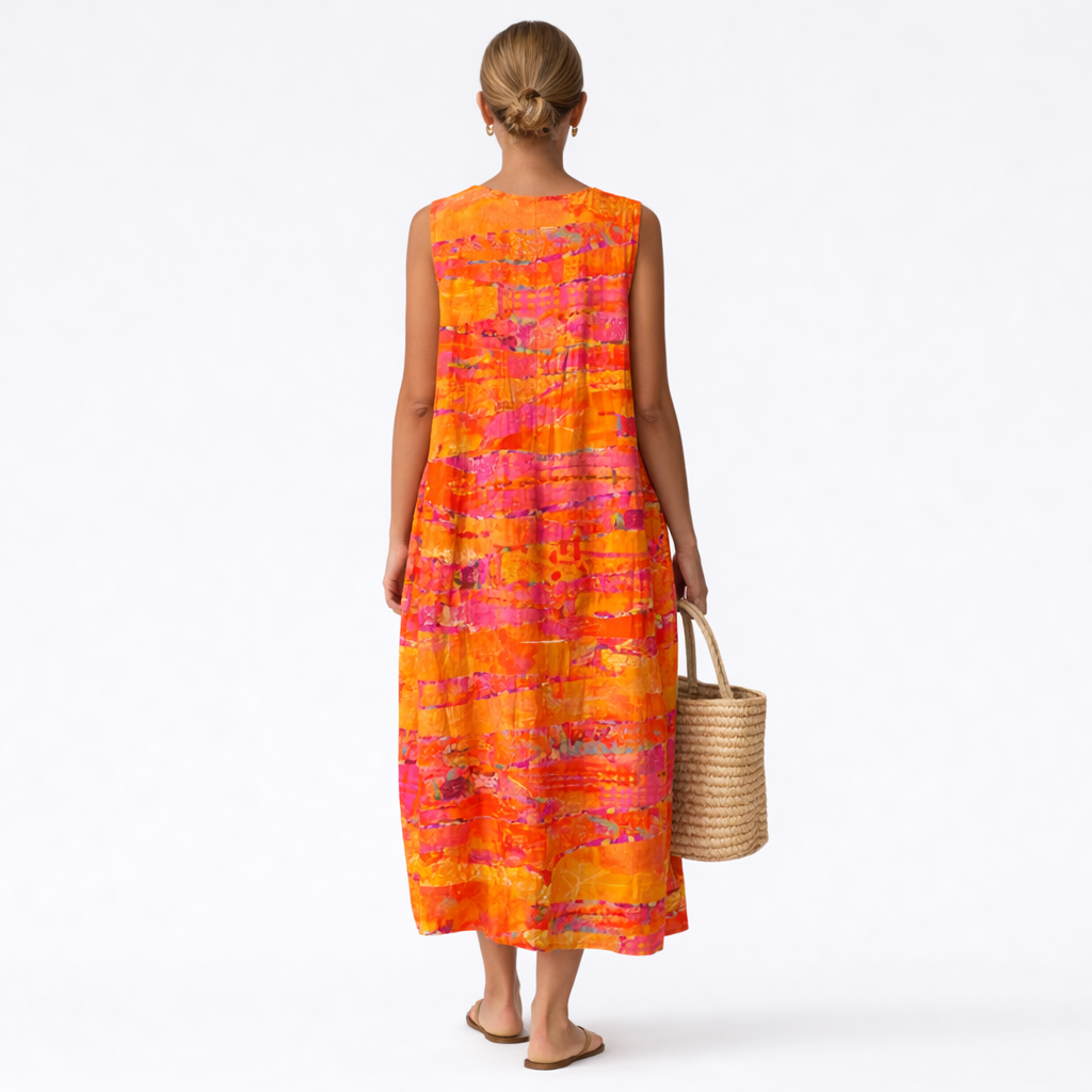 Tie Dye Print Round Neck Sleeveless Pocket Midi Dress
