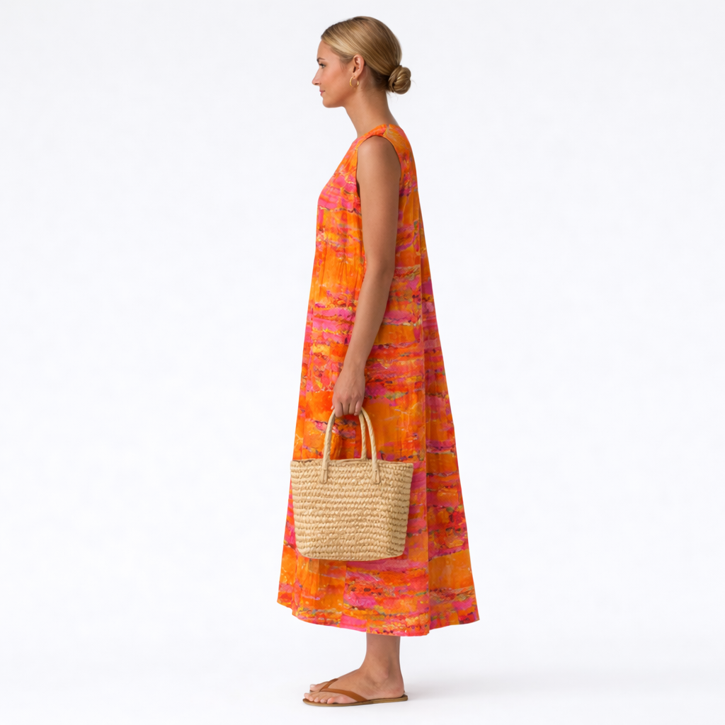 Tie Dye Print Round Neck Sleeveless Pocket Midi Dress