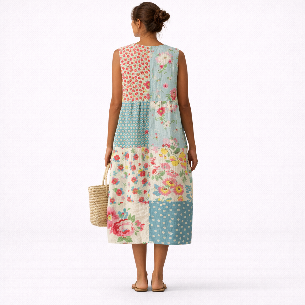 Patchwork Floral Round Neck Sleeveless Midi Dress