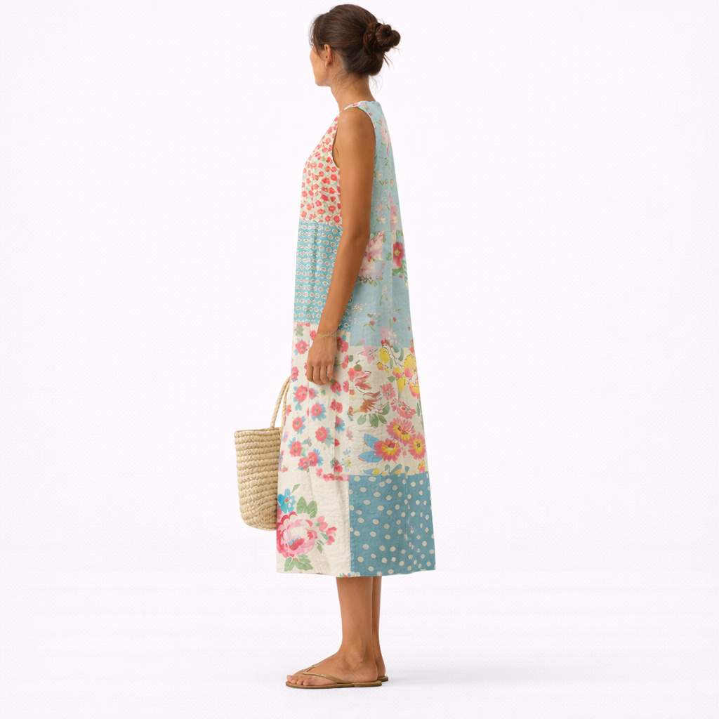 Patchwork Floral Round Neck Sleeveless Midi Dress