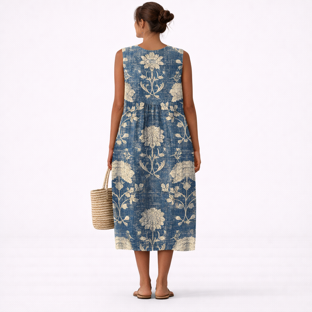 Floral Round Neck Sleeveless Pleated Waist Midi Dress