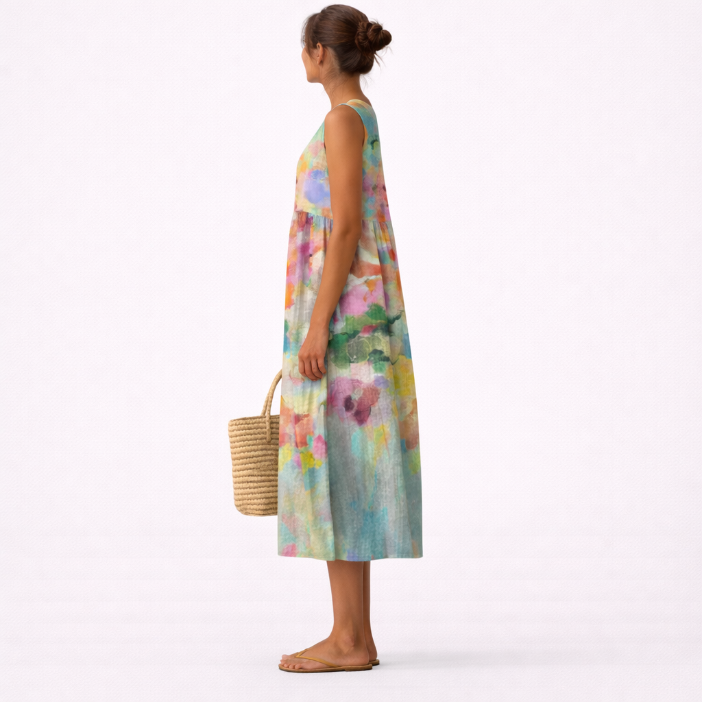 Round Neck Sleeveless Floral Print Tiered Midi Dress