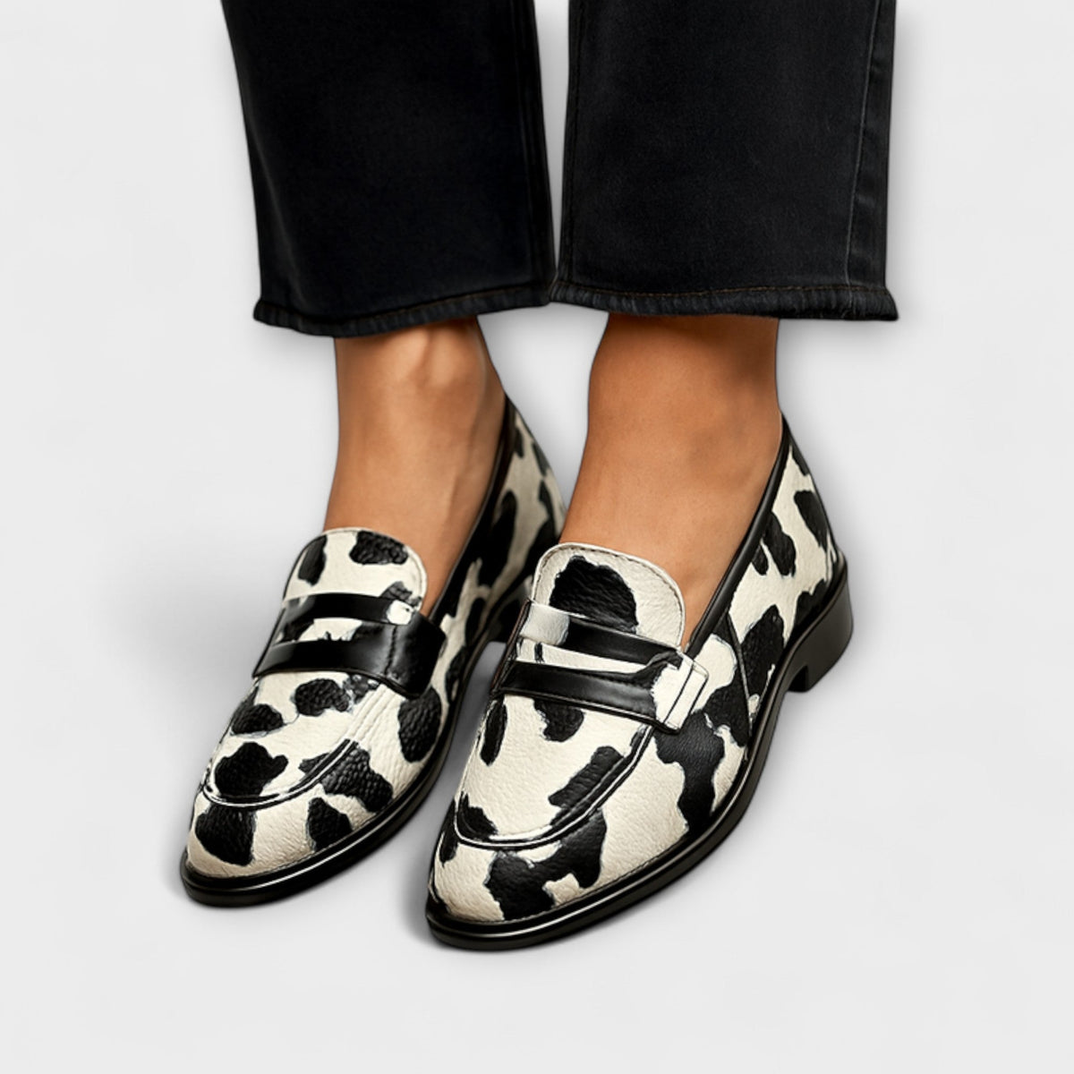 Cow Print Round Toe Buckle Strap Flat Loafers