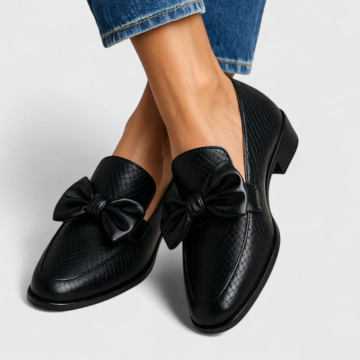 Bow Trim Croc Embossed Low Block Heel Loafers