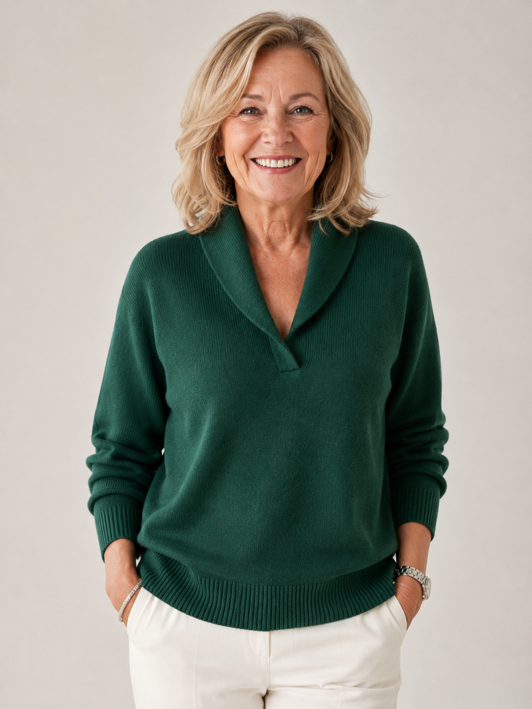 Shawl Collar V-Neck Long Sleeve Knit Sweater