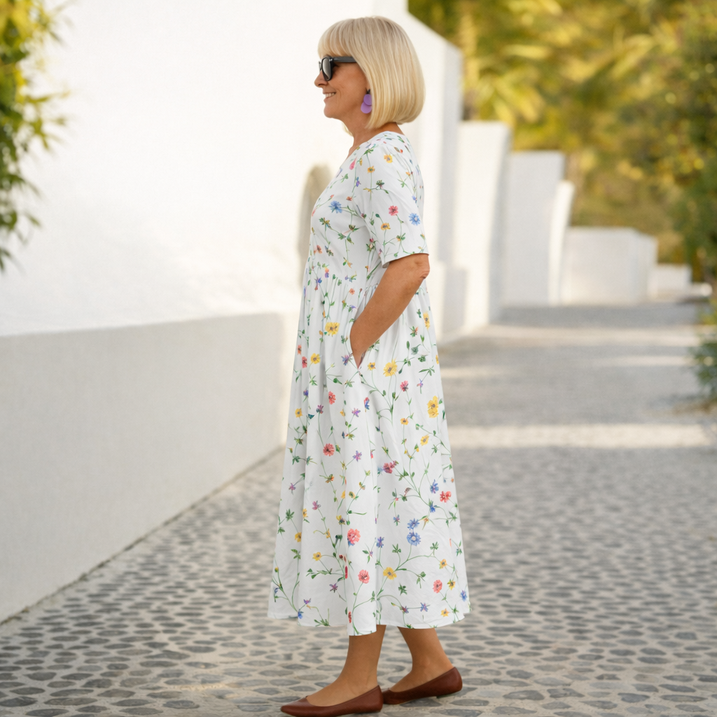 Short Sleeve Floral Print Midi Dress