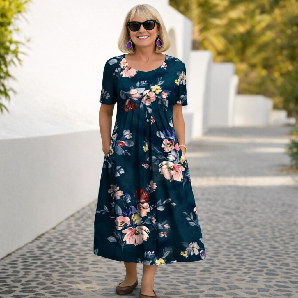 Short Sleeve Floral Print Midi Dress
