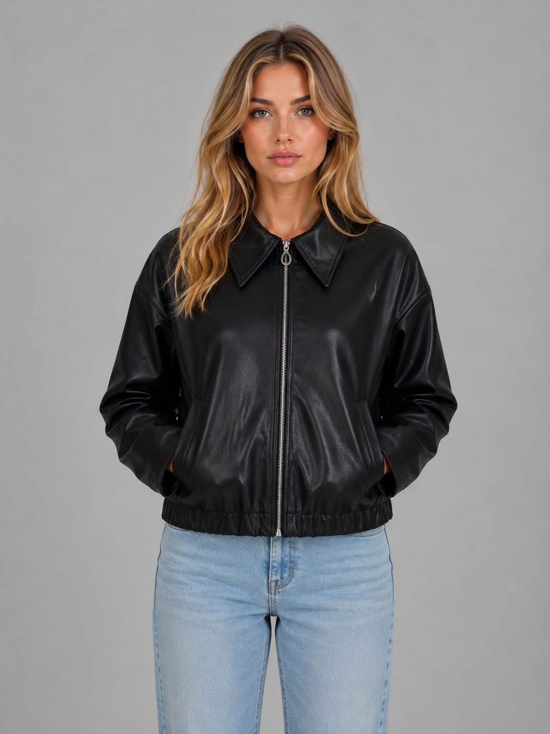 Collared Zip Front Faux Leather Cropped Bomber Jacket