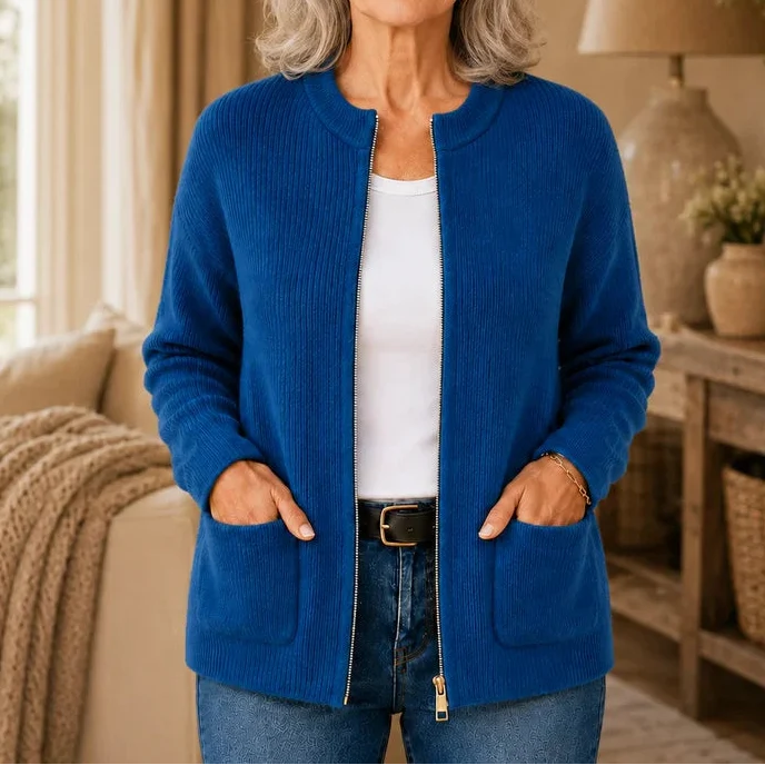 Ribbed Knit Zip Front Pocket Cardigan
