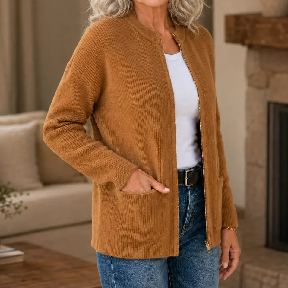 Ribbed Knit Zip Front Pocket Cardigan