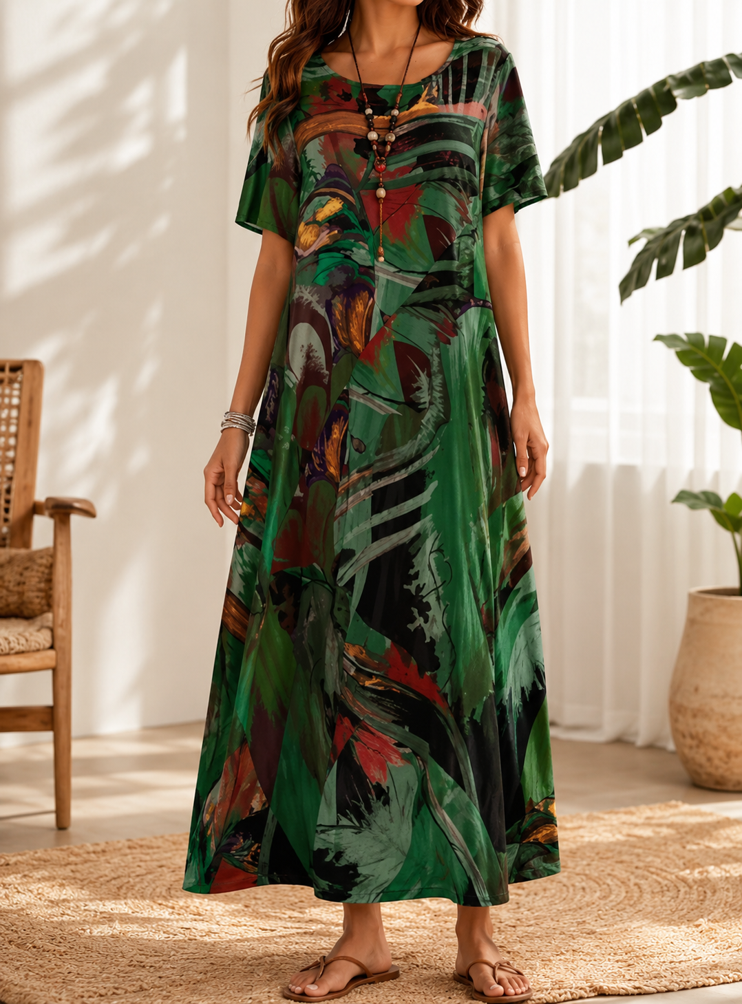 Abstract Print Round Neck Short Sleeve Flowy Maxi Dress