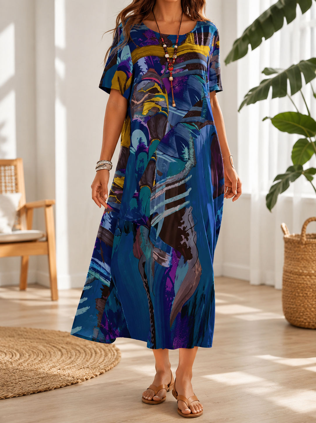 Abstract Print Round Neck Short Sleeve Flowy Maxi Dress