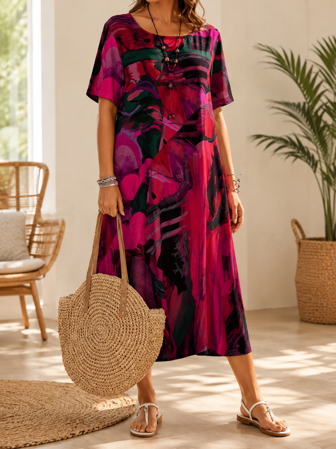 Abstract Print Round Neck Short Sleeve Flowy Maxi Dress