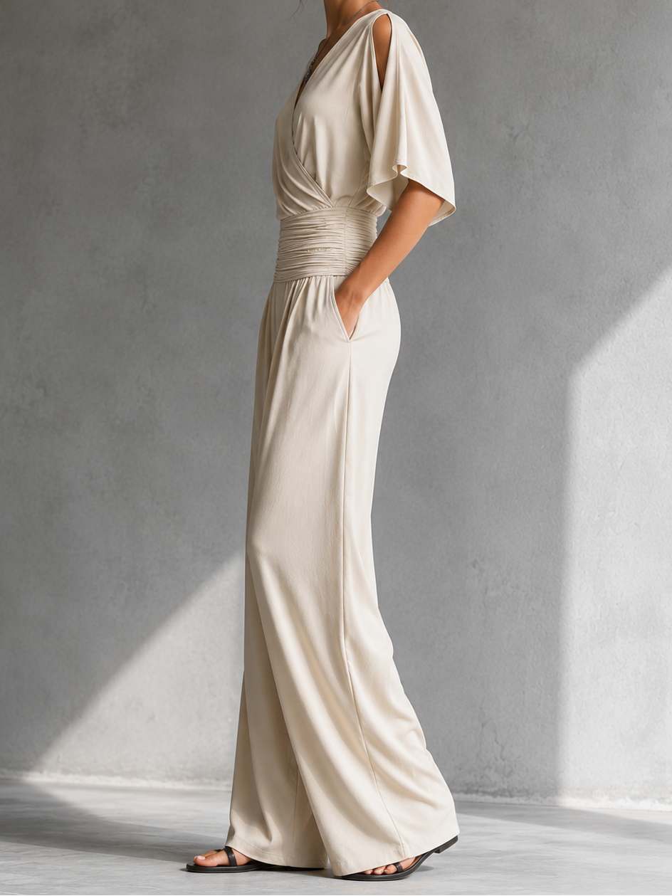 V-Neck Cold Shoulder Ruched Waist Wide Leg Jumpsuit