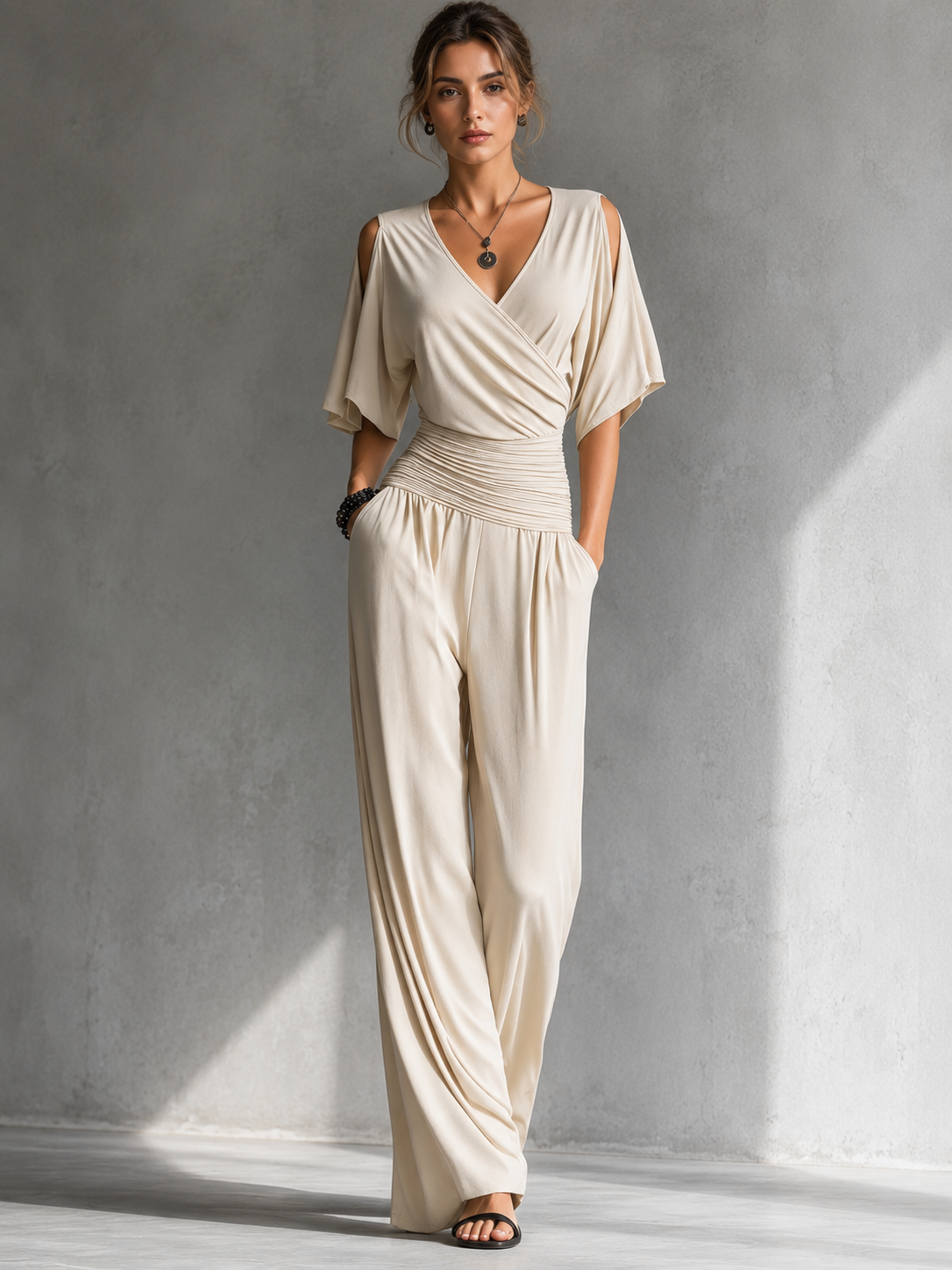 Deep V-Neck Cold Shoulder Flutter Sleeve Wide Leg Jumpsuit