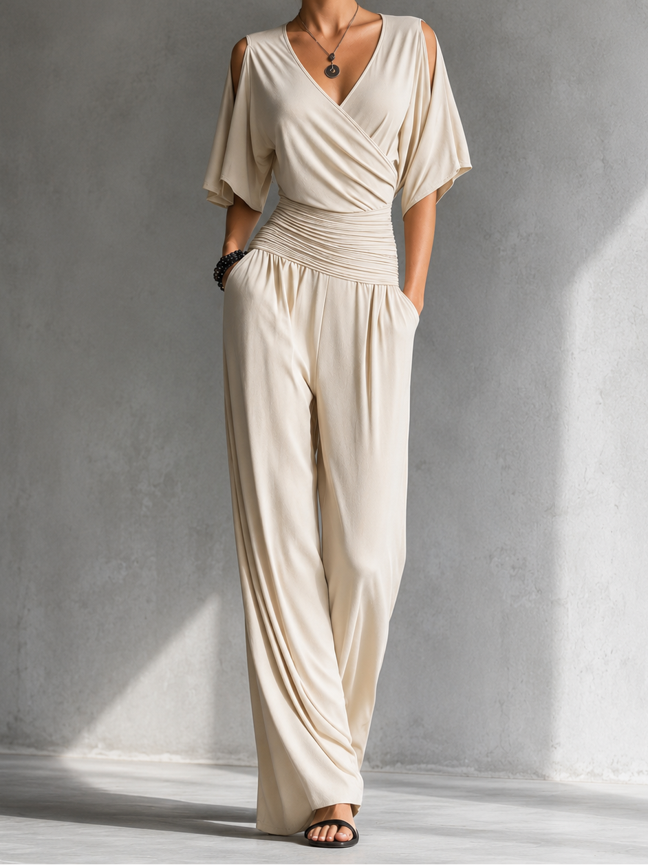V-Neck Cold Shoulder Ruched Waist Wide Leg Jumpsuit