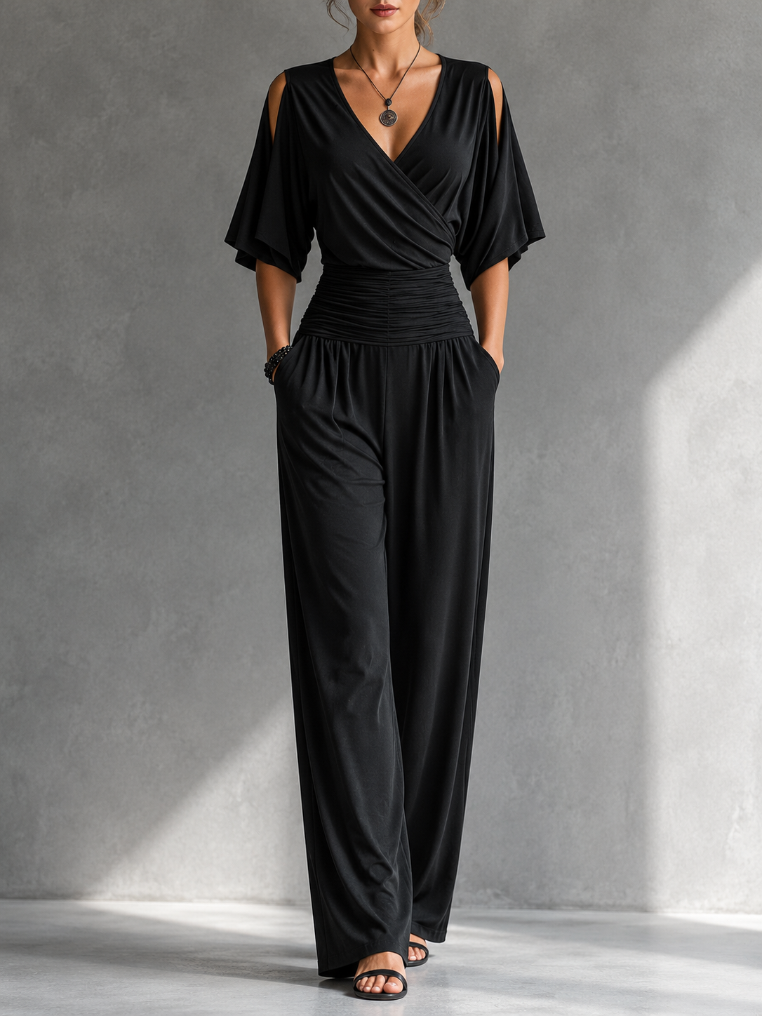 Deep V-Neck Cold Shoulder Flutter Sleeve Wide Leg Jumpsuit