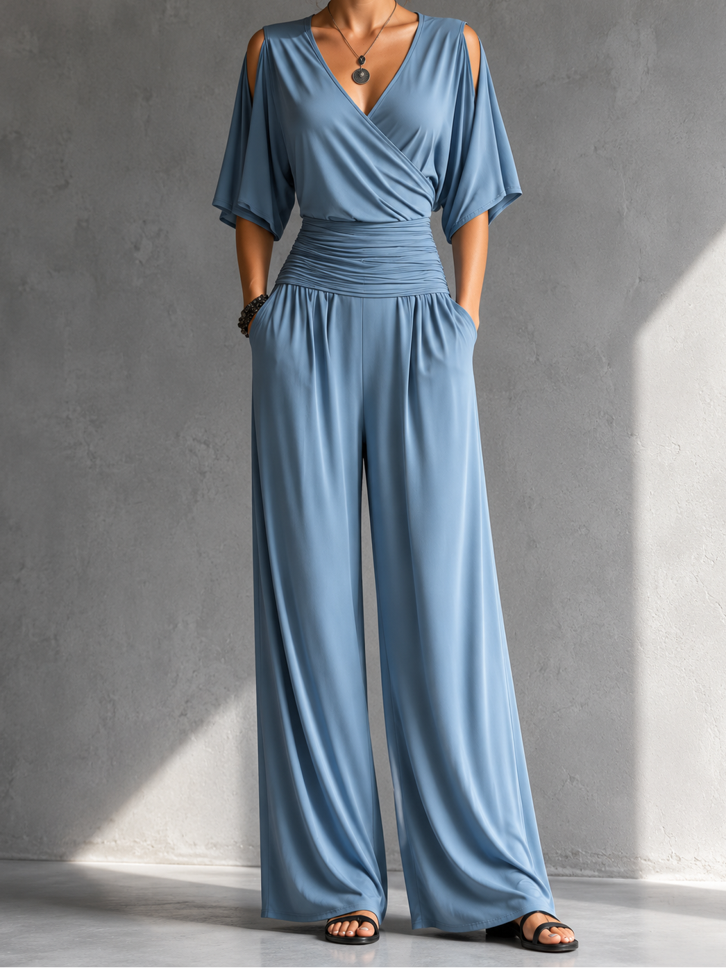 V-Neck Cold Shoulder Ruched Waist Wide Leg Jumpsuit