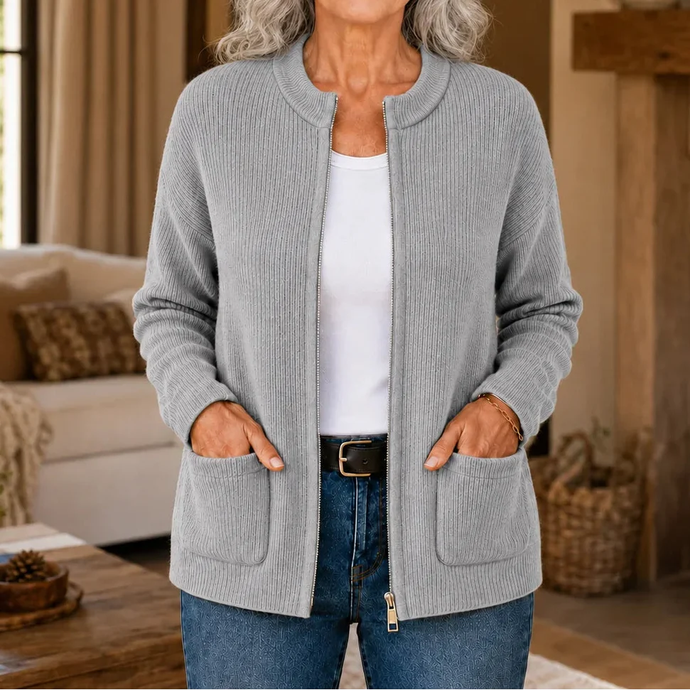 Ribbed Knit Zip Front Pocket Cardigan