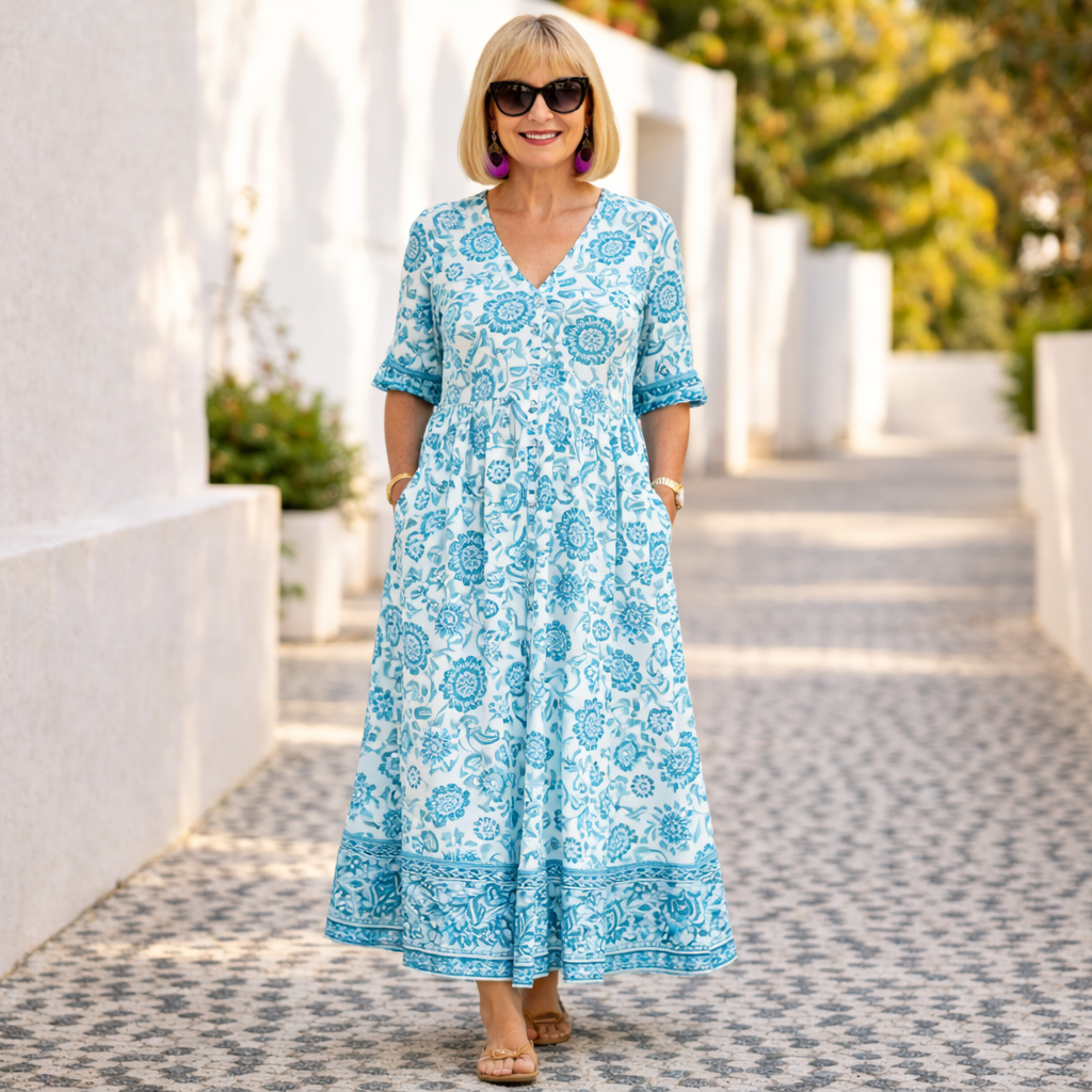 Floral Print V-Neck Short Sleeve Tiered Maxi Dress
