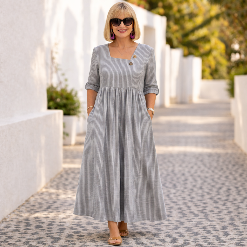 Pinstripe Square Neck Three Quarter Sleeve Pocket Maxi Dress