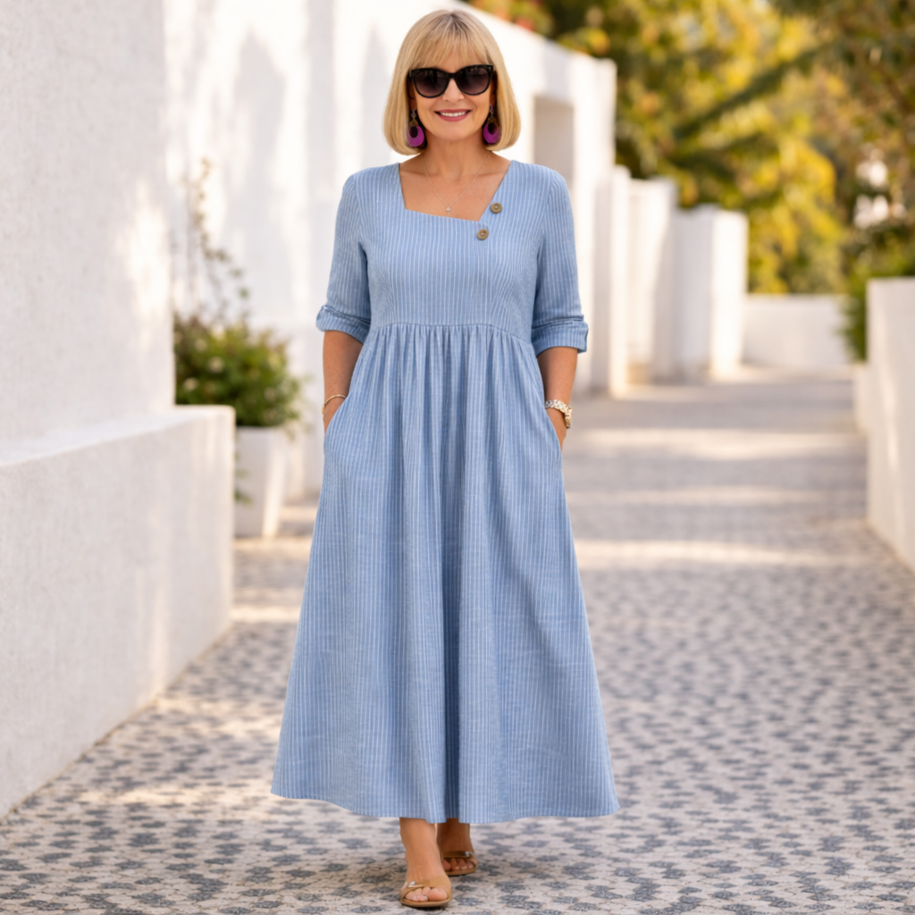 Pinstripe Square Neck Three Quarter Sleeve Pocket Maxi Dress