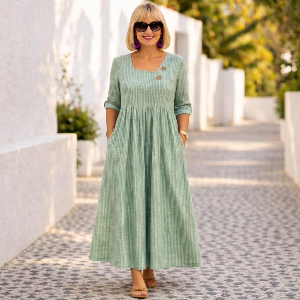 Pinstripe Square Neck Three Quarter Sleeve Pocket Maxi Dress
