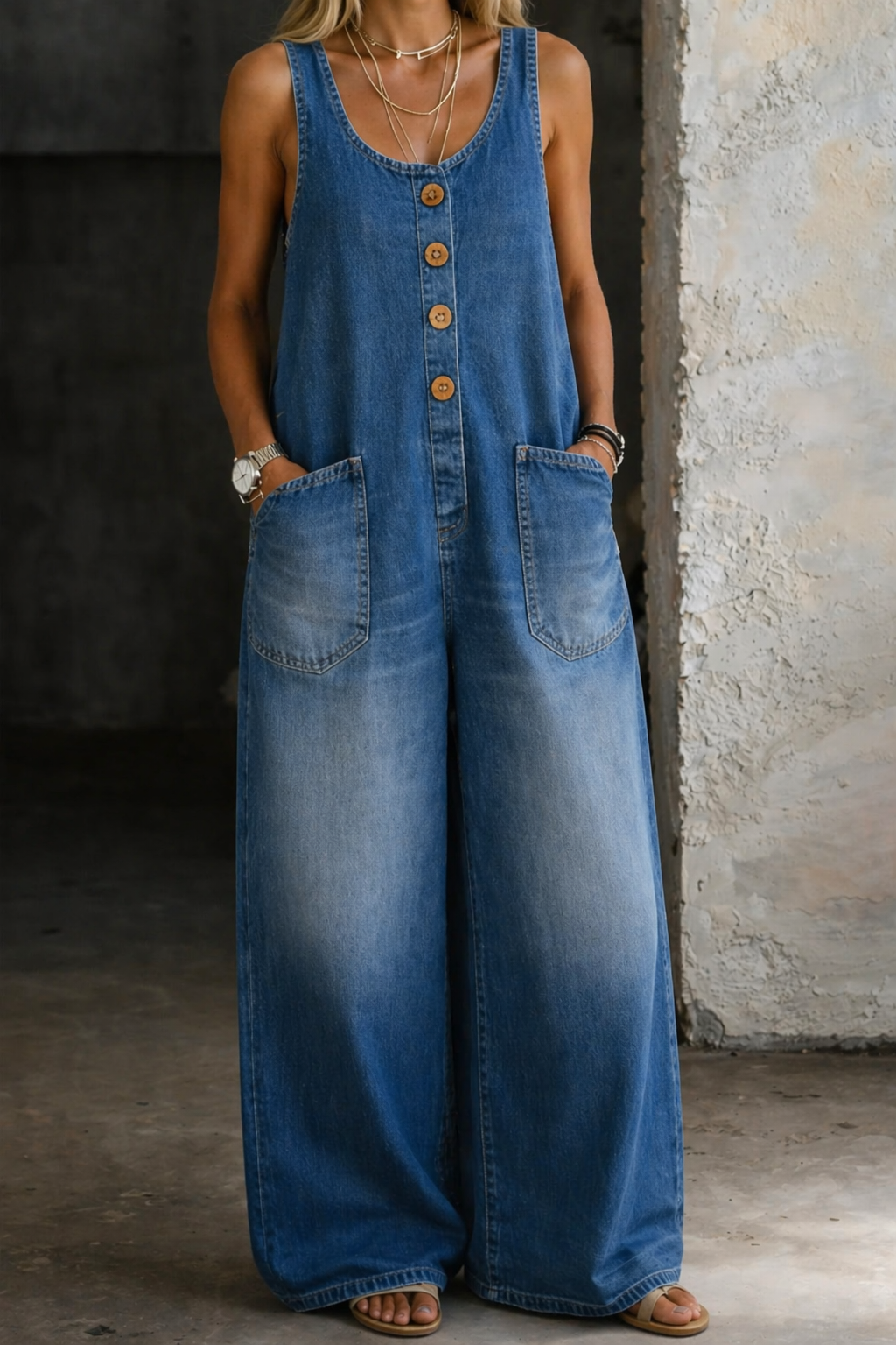 Sleeveless Button Front Wide Leg Denim Jumpsuit