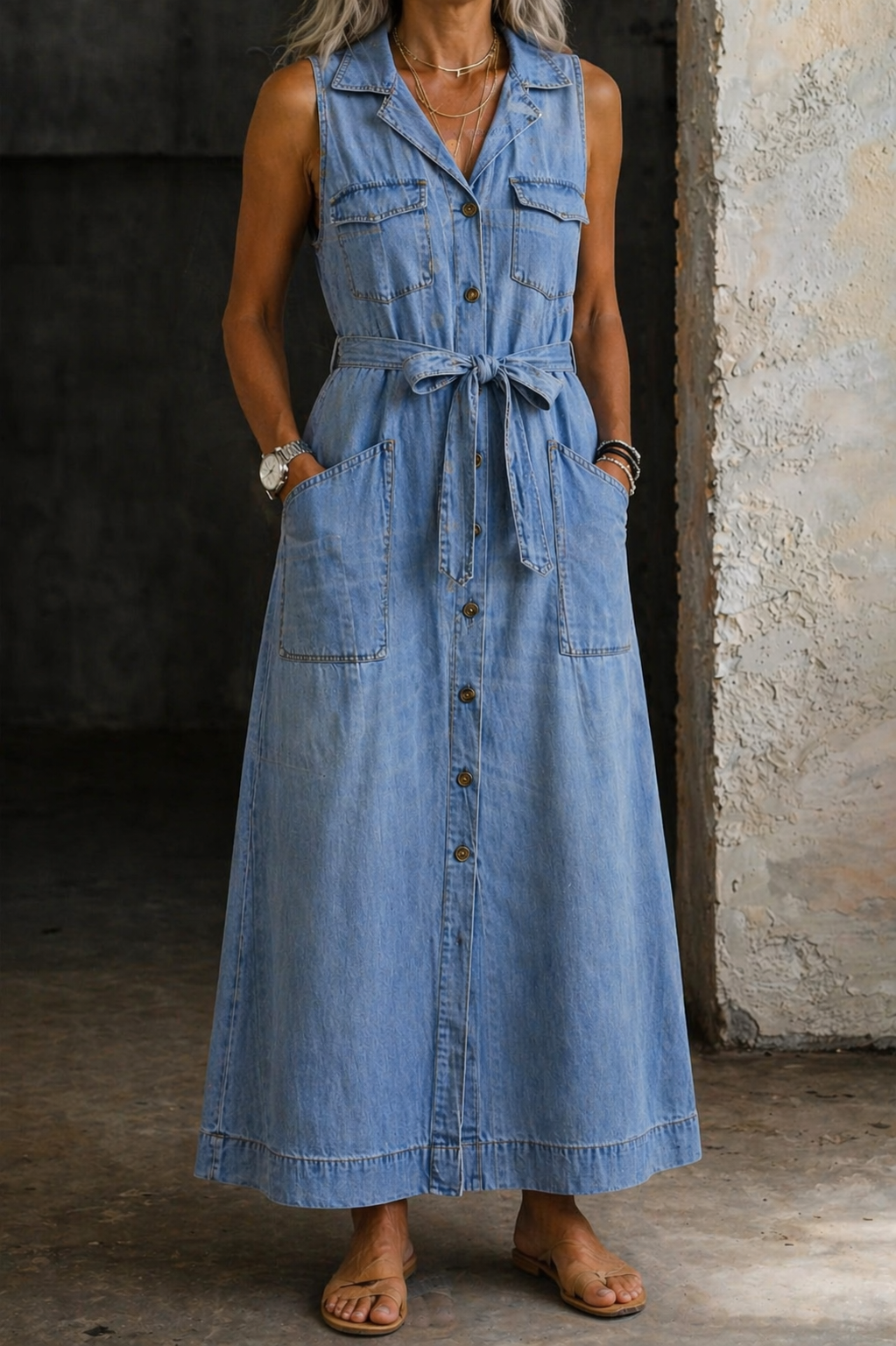 Sleeveless Collared Button Front Belted Denim Maxi Dress
