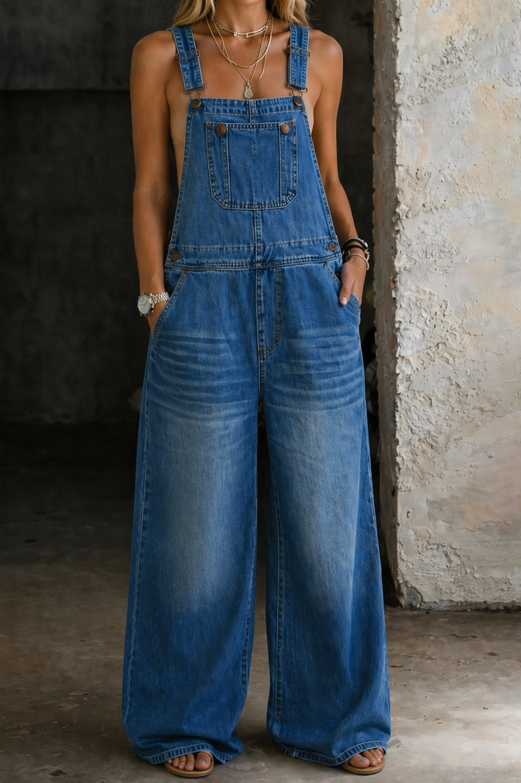 Bib Pocket Wide Leg Denim Overalls