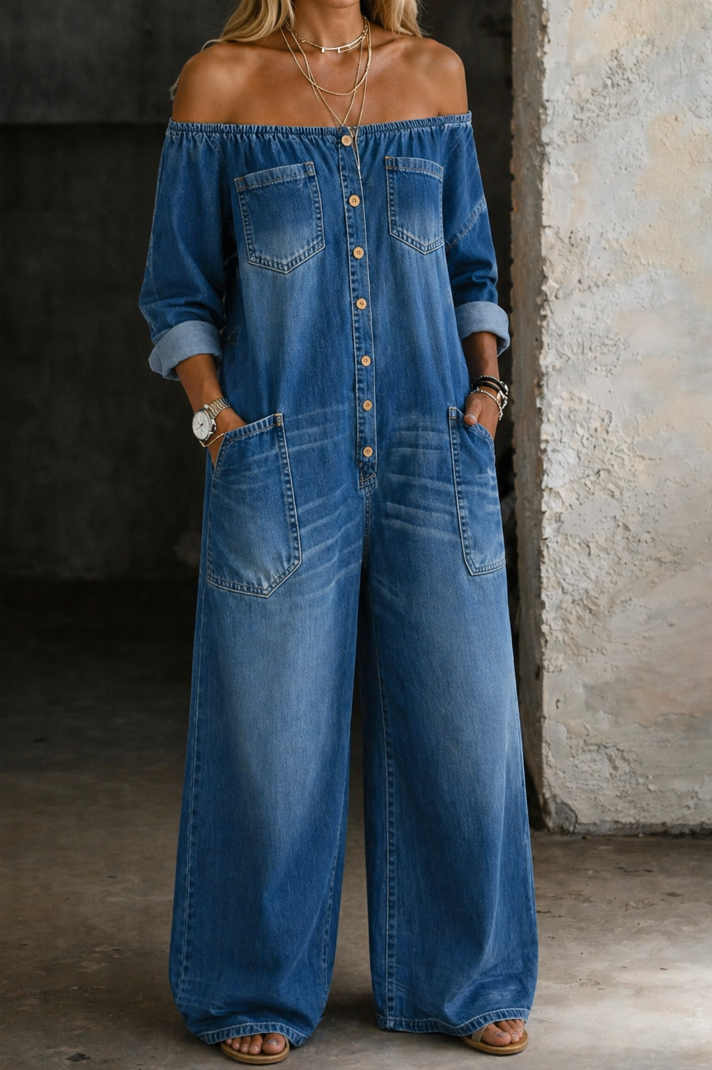 Off Shoulder Button Front Wide Leg Denim Jumpsuit