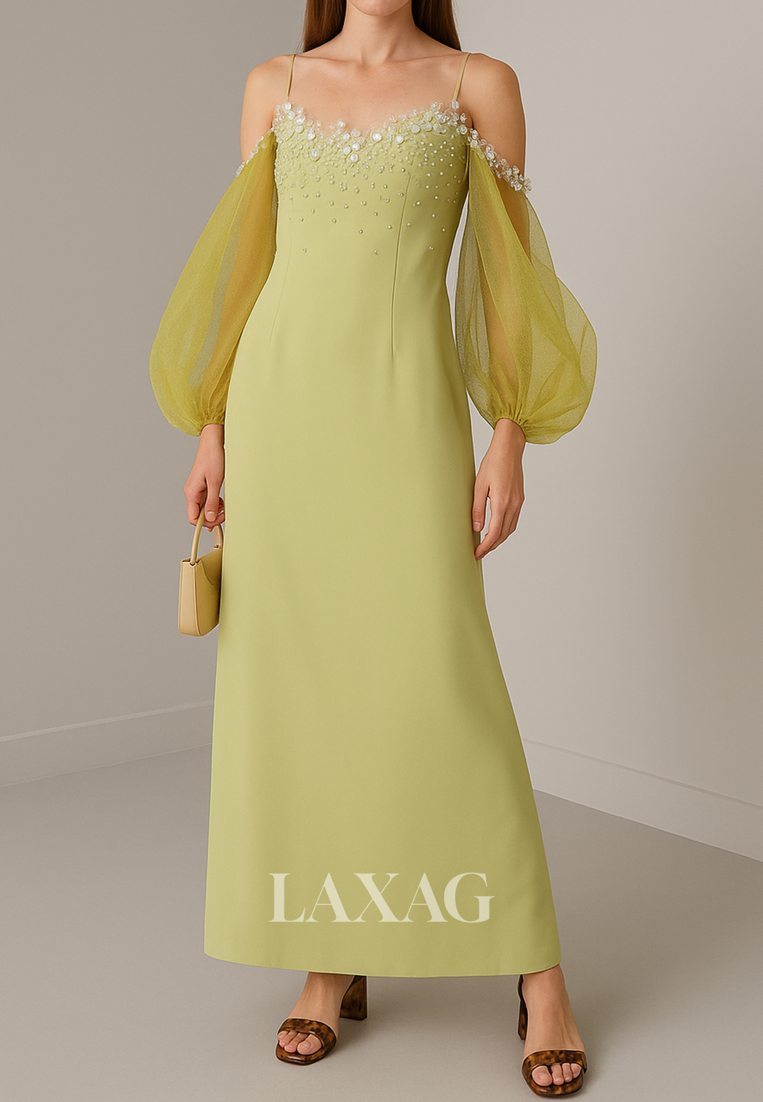 V-Neck Spaghetti Straps Fitted Evening Dress Tulle-Long-Sleeves Beaded Ankle-Length Formal Gowns