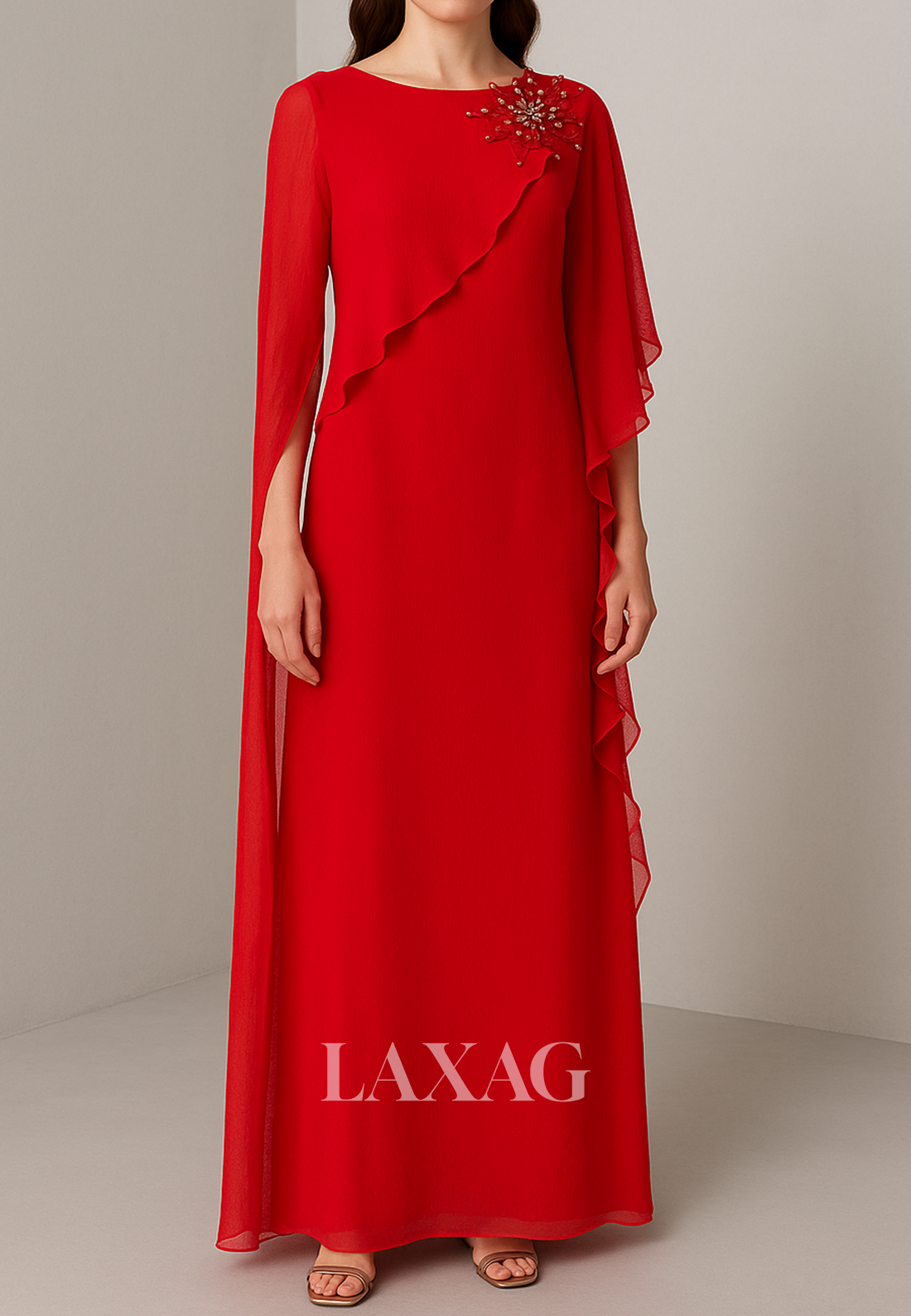 Scoop-Neck Chiffon Fitted Evening Dress Half-Sleeves Beaded Ankle-Length Formal Gowns