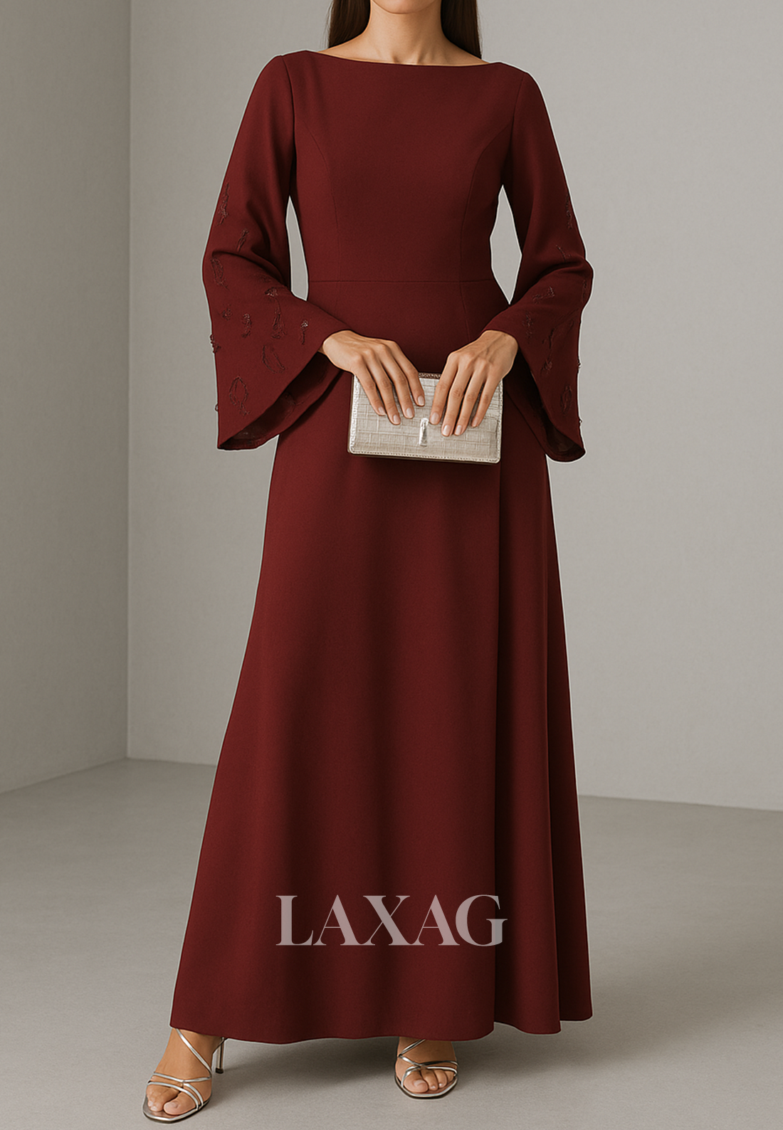 Scoop-Neck Long-Sleeves Applique Formal Gowns Ankle-Length Satin Fitted Evening Dress