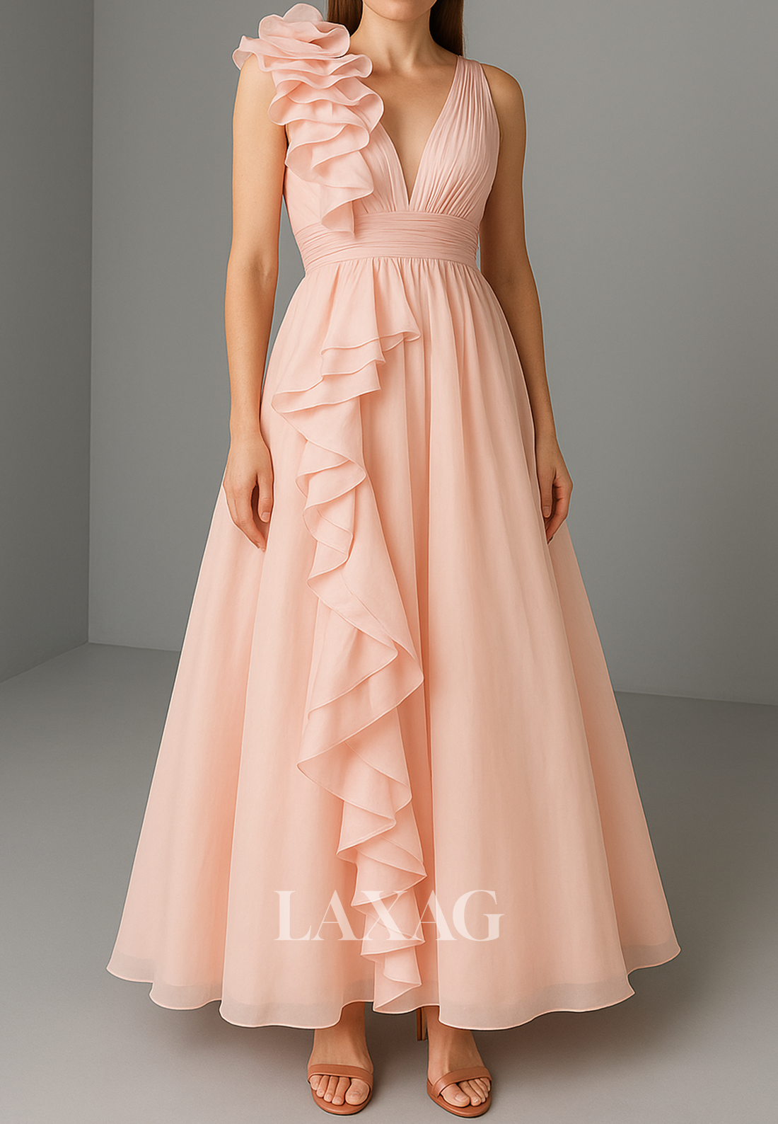Deep V-Neck Off-Shoulder Sleeveless Formal Gowns Ankle-Length Pleated Chiffon A-Line Evening Dress